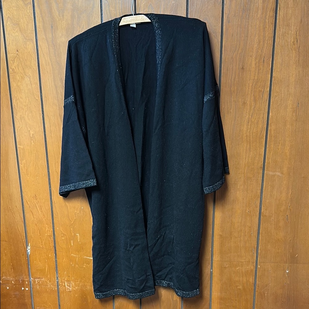 LIKE NEW 100% Wool Garnet Hill Sparkle Trim Black Open Front Cardigan